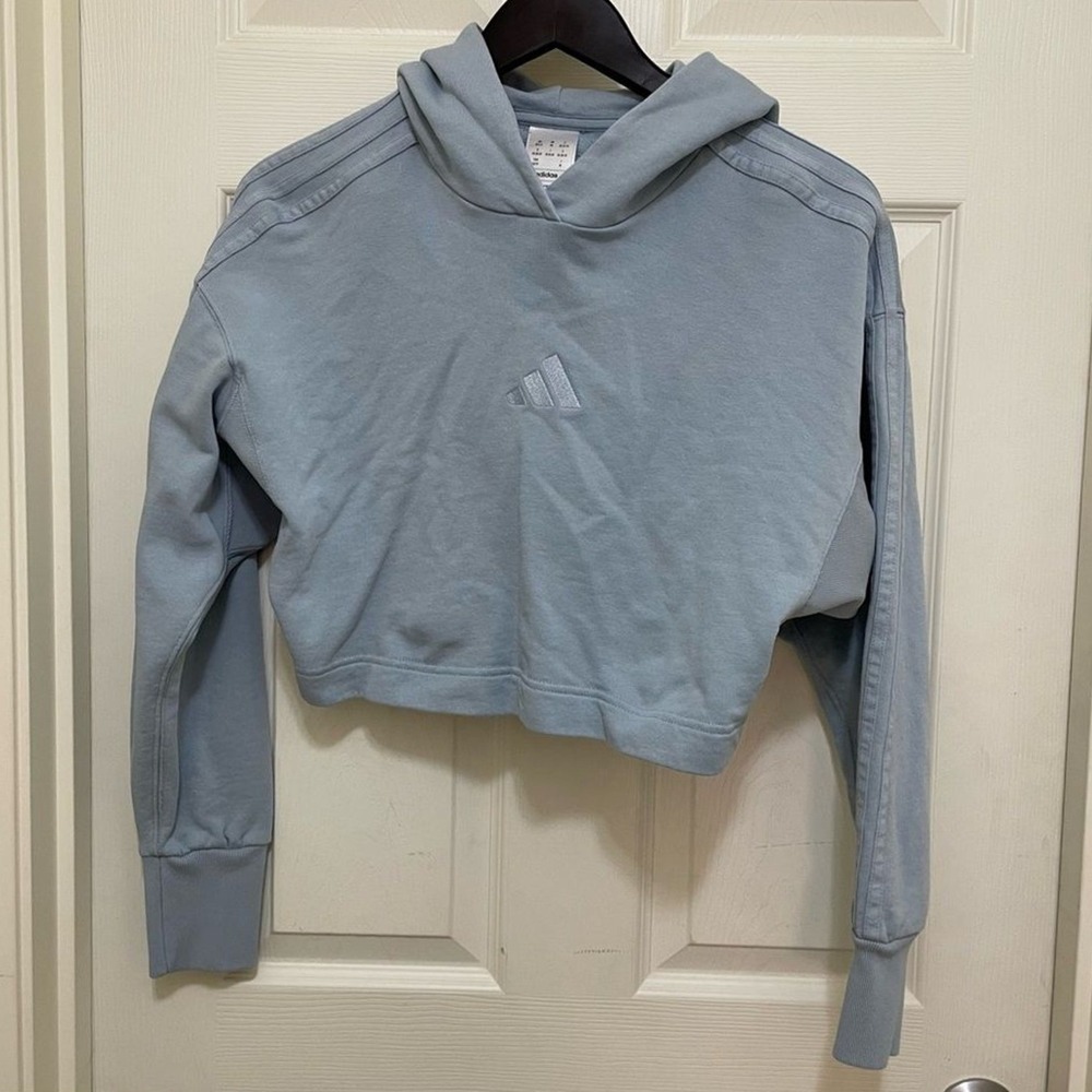 Adidas Cropped Hoodie Dusty Blue Sweatshirt XS Casual Athleisure Sporty Active